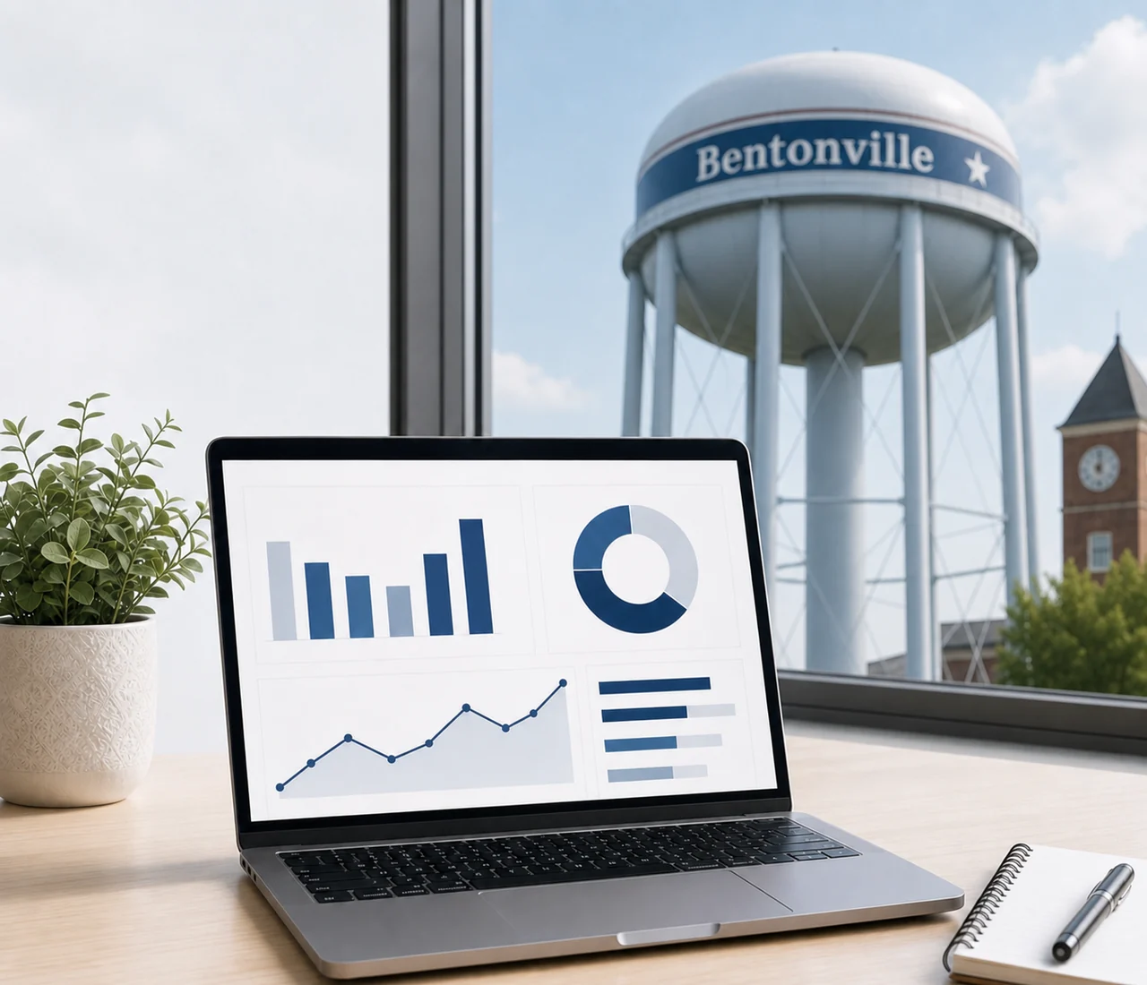 Bookkeeping in Bentonville, AR with the Bentonville water tower outside a professional office